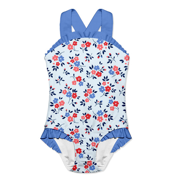 Pale Blue Americana Flower Ruffle-Accent Strap One-Piece