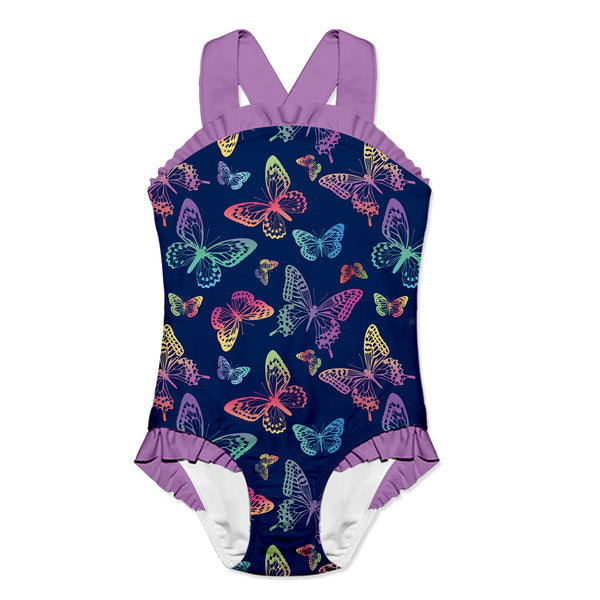 Navy Rainbow Butterfly Ruffle-Accent Strap One-Piece