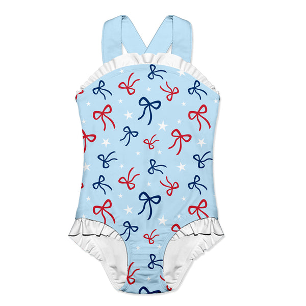 Ice Blue Bows Ruffle-Accent Strap One-Piece