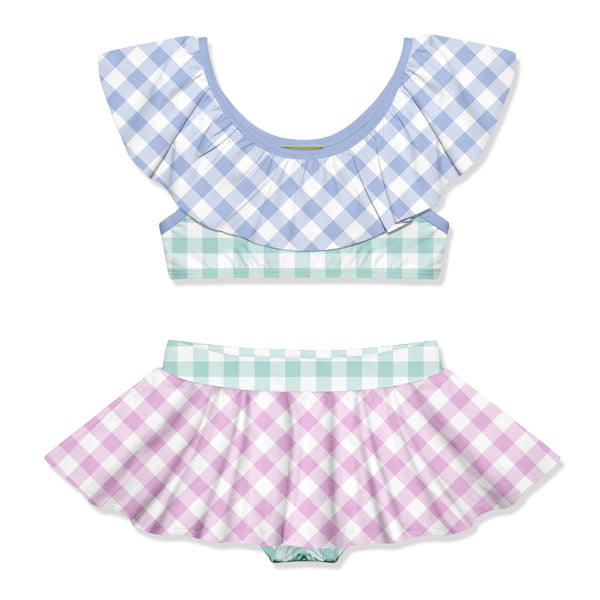 Periwinkle Gingham Ruffle-Accent Tankini