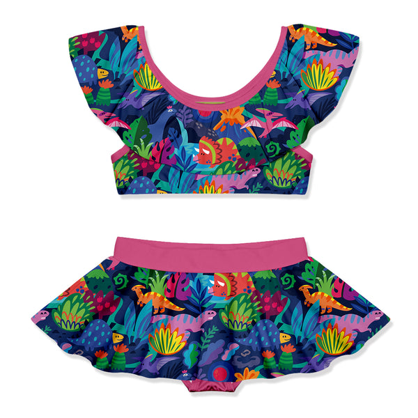 Navy Dino Puzzle Ruffle-Neck Skirted Bikini