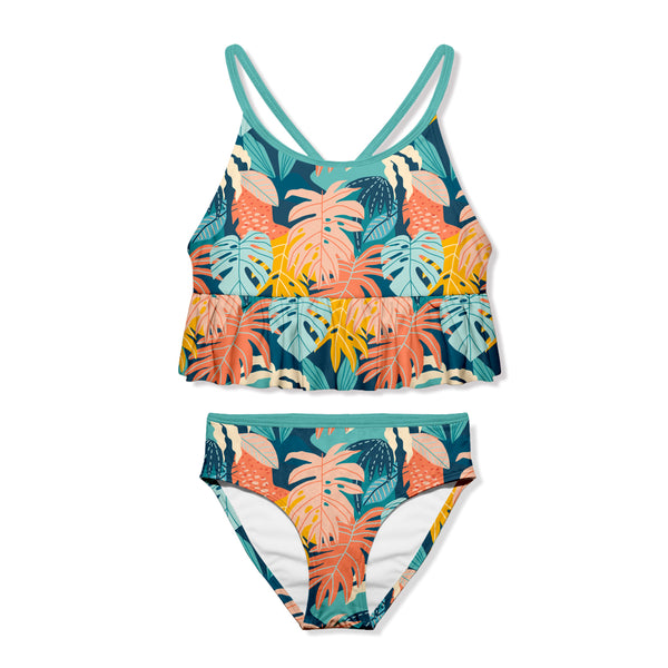 Teal Tropical Jungle Ruffle-Trim Tankini