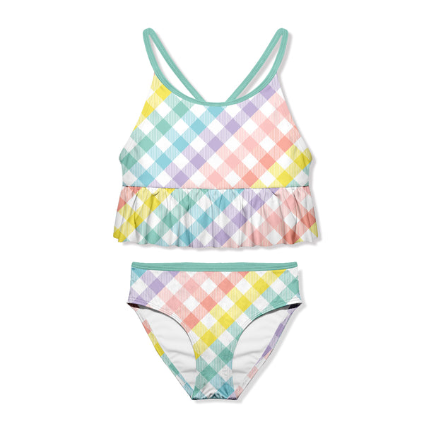 Mint Paradise Check Ruffle-Trim Tankini