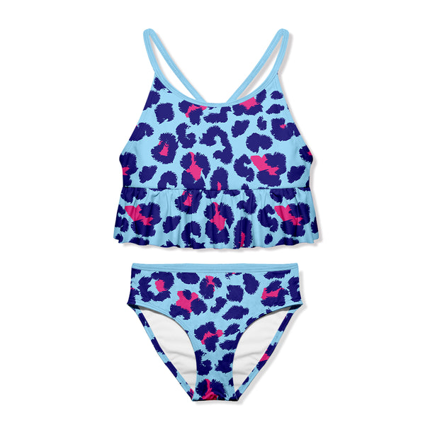 Blue Leopard Ruffle-Trim Tankini