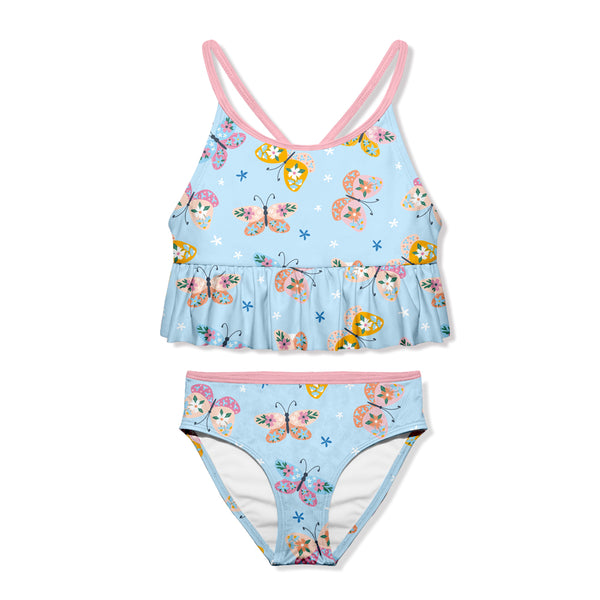 Ice Blue Butterfly Beauty Ruffle-Trim Tankini