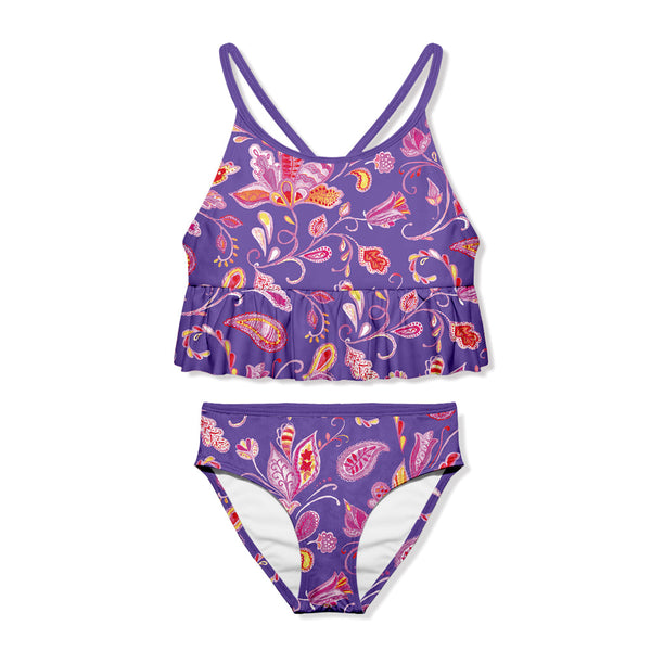 Purple Polly Paisley Ruffle-Trim Tankini