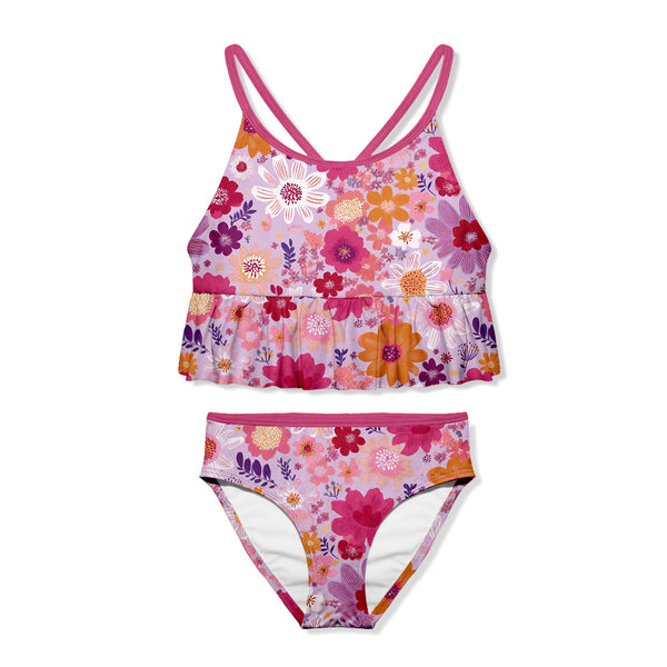 Fuchsia Firefly Floral Ruffle-Trim Tankini