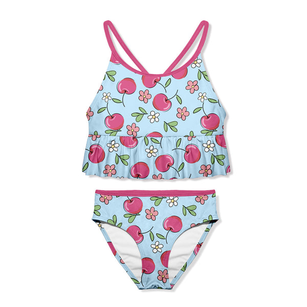 Ice Blue Cherries Ruffle-Trim Tankini