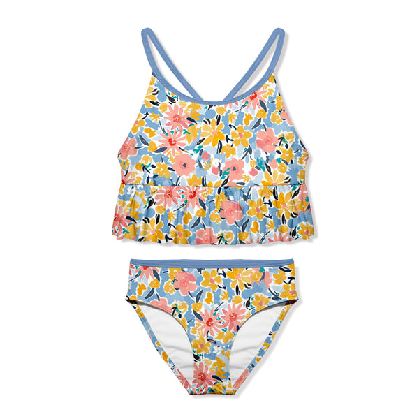 Blue Floral Filigree Ruffle-Trim Tankini