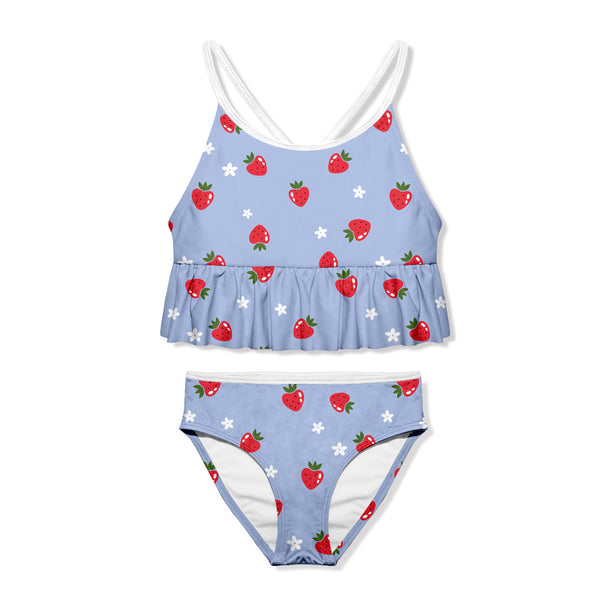 Kids Periwinkle Strawberries Ruffle-Trim Tankini