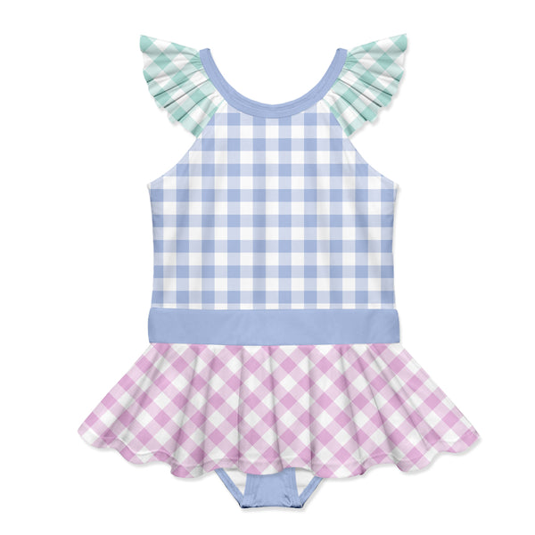 Periwinkle & White Gingham Ruffle Skirted One-Piece