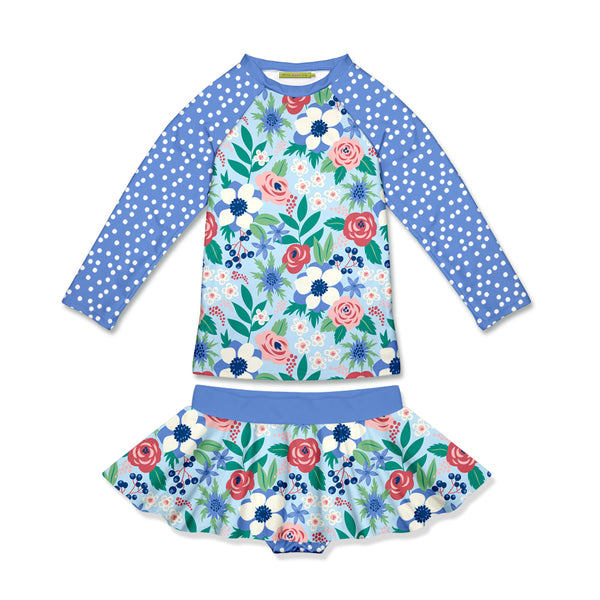 Ice Blue Mandy Floral Long-Sleeve Skirted Rashguard Set
