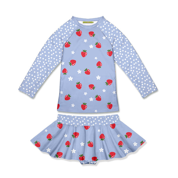 Kids Periwinkle Strawberries Long-Sleeve Rashguard Set