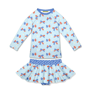 Kids Ice Blue Americana Bows Long-Sleeve Rashguard Set