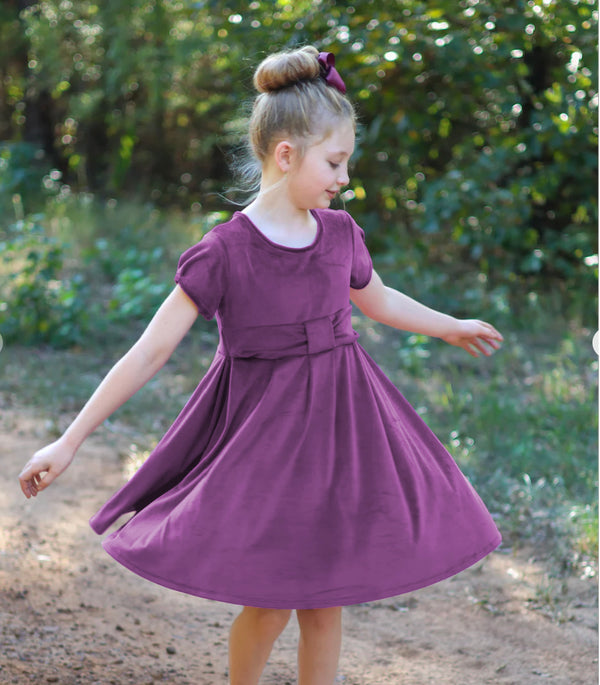 Millie Loves Lily Girls' Plum Rib Velour Short Sleeve Dress With Bow Waistband