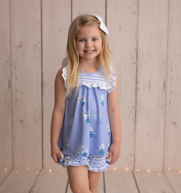 Periwinkle & White Flower Girl Sleeveless Top & Shorts