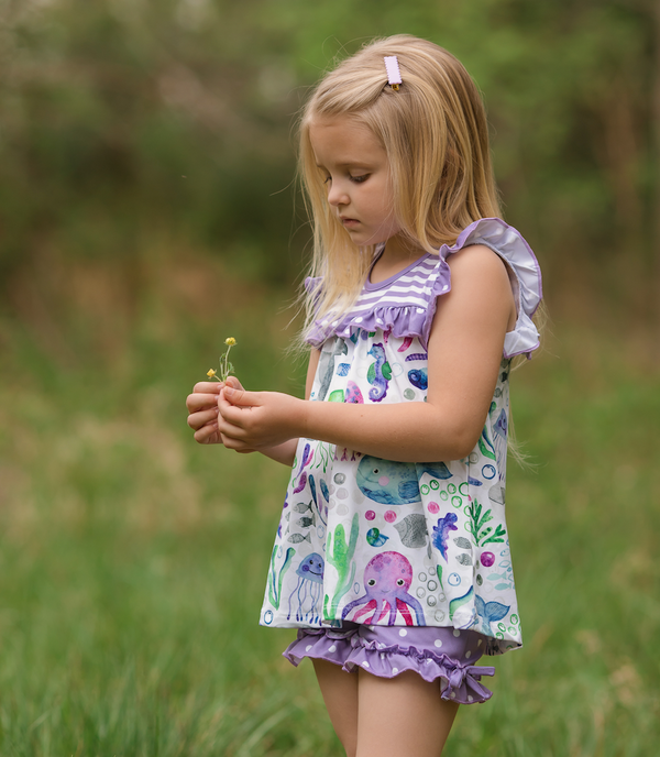 White & Purple Sea World Ruffle-Accent Sleeveless Top & Shorts