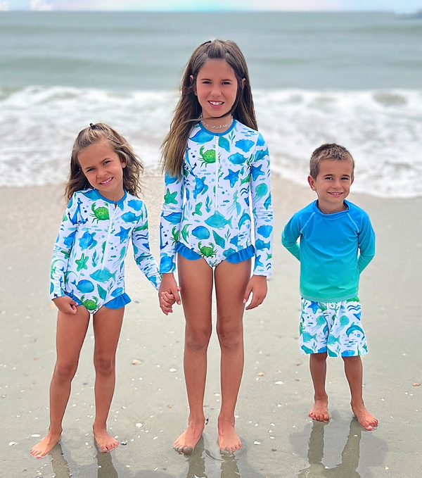 Turquoise Water Color Sea Long-Sleeve Rashguard Set