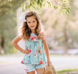 Mint & Pink Chloe Floral Ruffle Sleeveless Top & Stripe Bow Shorts