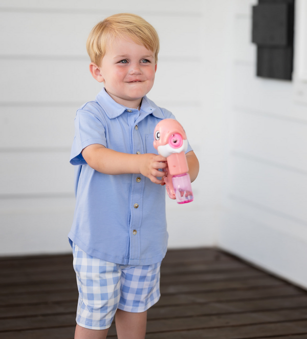 Periwinkle Short-Sleeve Button-Up & Gingham Pocket Shorts