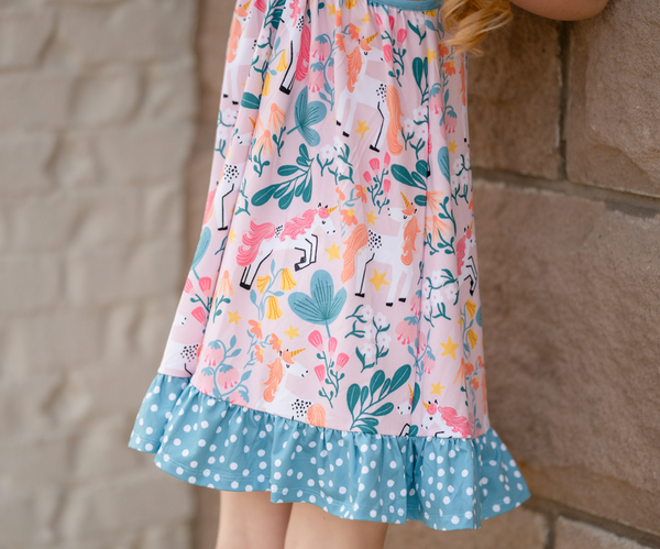 Light Peach & Nile Blue Diminika Unicorn Ruffle-Hem Yoke Dress