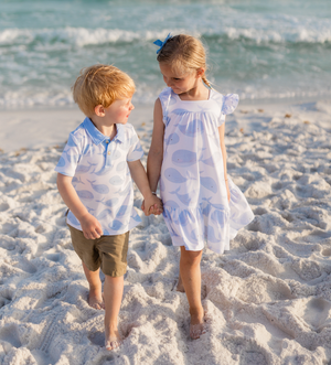 White & Periwinkle Whales Square Neck Angel Sleeve Dress