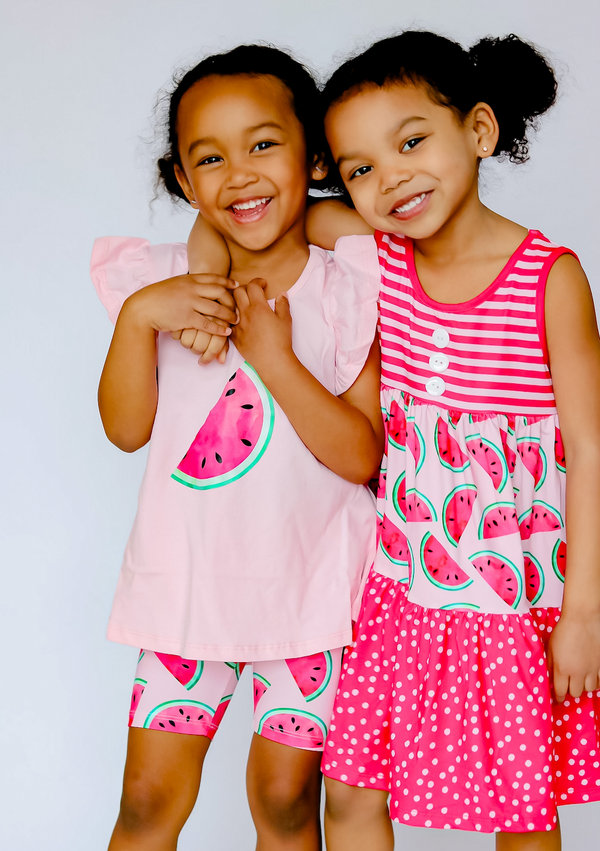 Light Pink Angel-Sleeve Hi-Low Top & Watermelon Bike Shorts