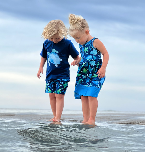 Navy Crewneck Tee & Watercolor Sea Pocket Shorts