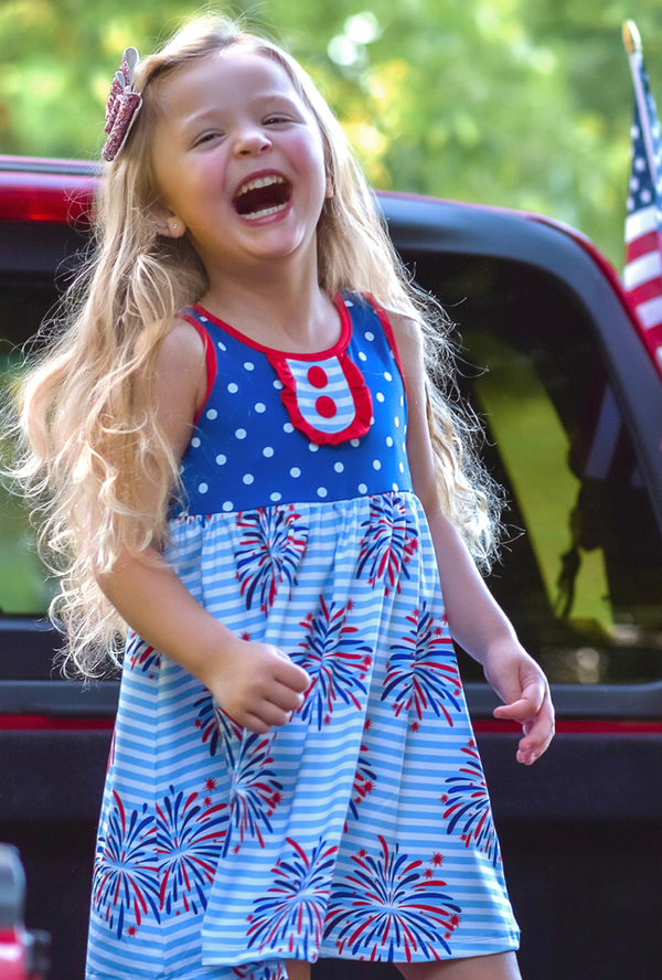 Light Blue Fireworks USA Button-Accent Sleeveless A-Line Dress