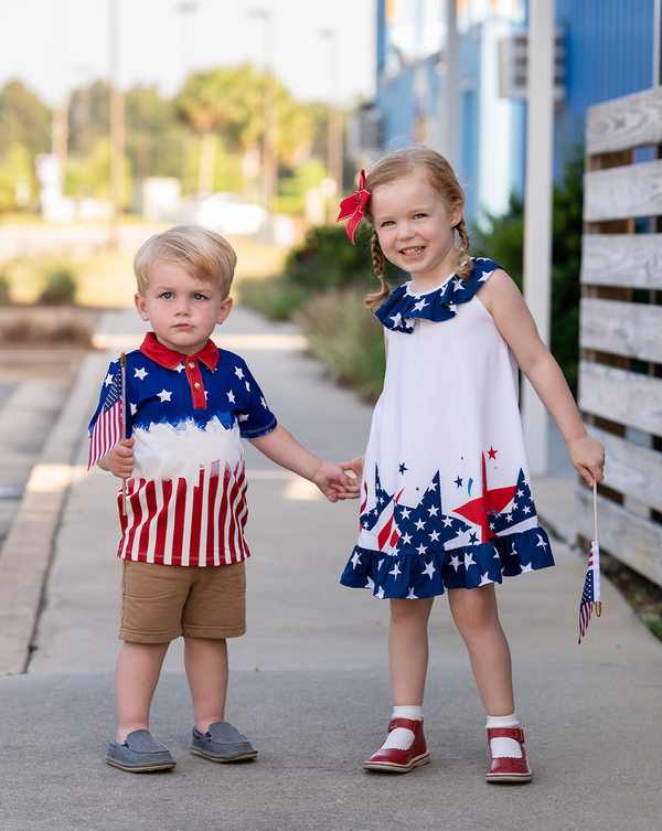 White & Navy Star Border Ruffle-Hem Yoke Dress