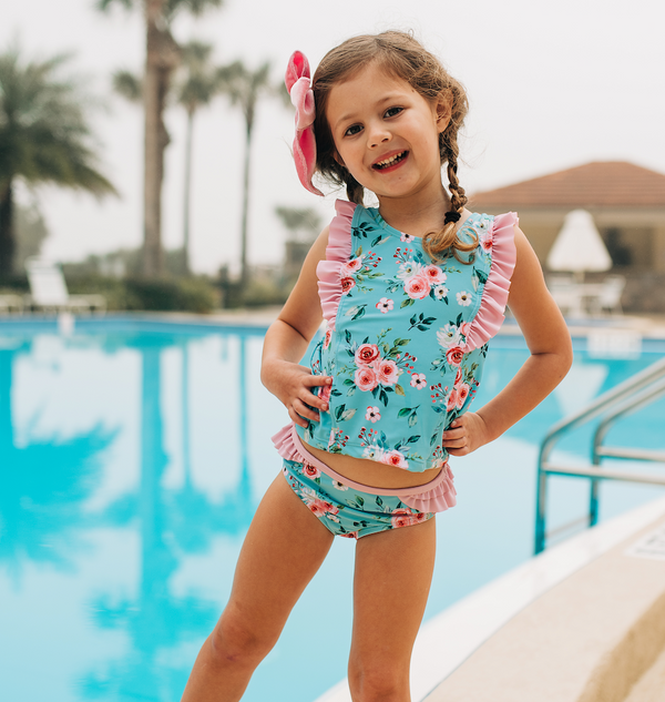 Turquoise Floral Ruffle-Accent Tankini