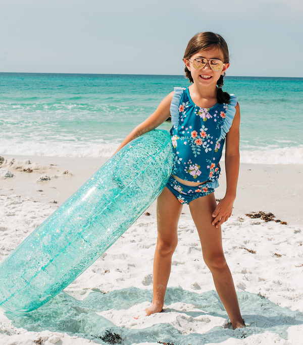 Teal Floral Ruffle-Accent Tankini