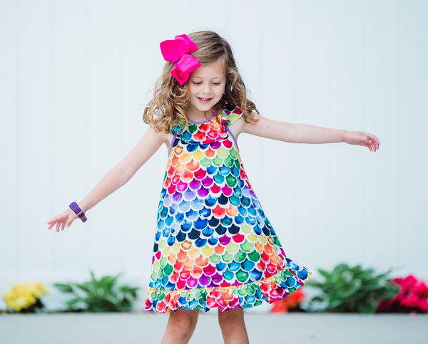 Purple Rainbow Mermaid Ruffle-Hem Yoke Dress