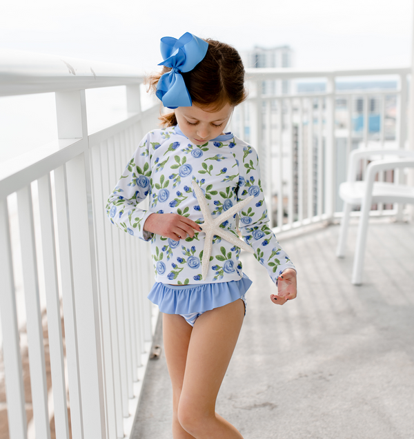 White & Periwinkle Floral Long-Sleeve Rashguard Set