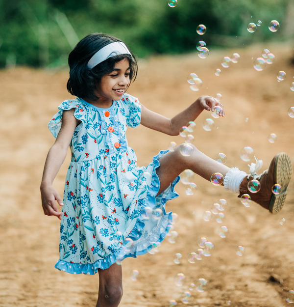 Pale Blue Ladybug Floral Button-Front A-Line Dress & Polka Dot Shorts