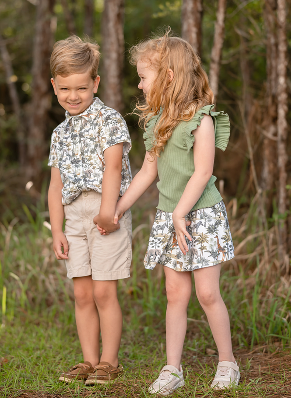 Loden Frost Ribbed Ruffle Sleeveless Top & Safari Scene Skort