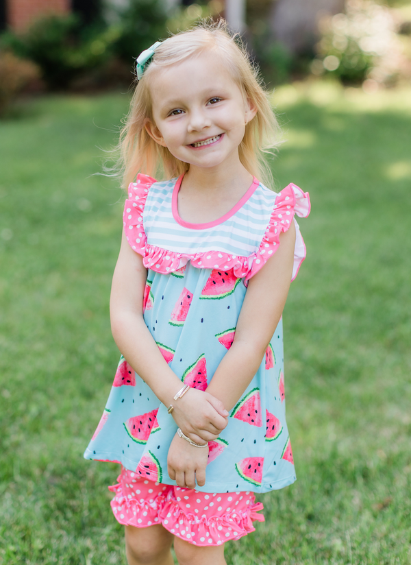 Turquoise Stripe & Watermelon Angel-Sleeve Top & Dot Shorts