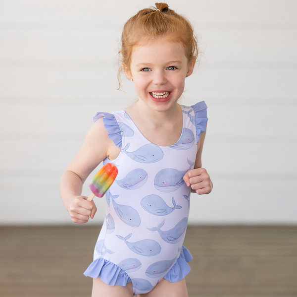 White & Periwinkle Whale Ruffle-Accent Swimsuit