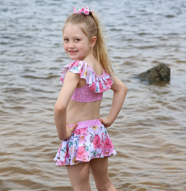 Pink Floral Ruffle-Neck Skirted Bikini