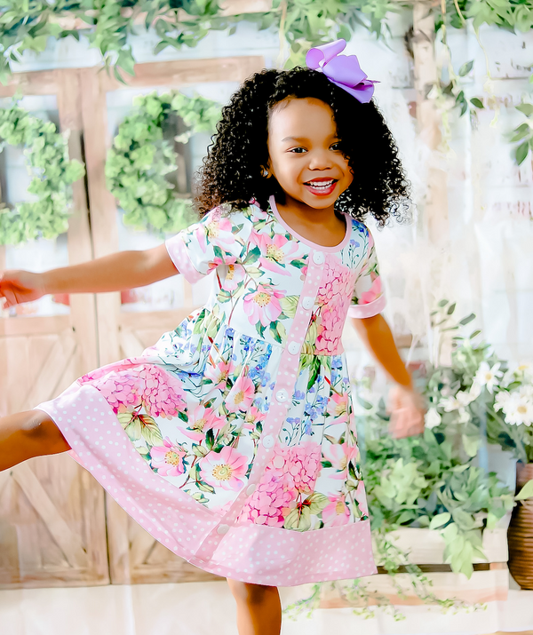 Cream & Watercolor Floral Button-Front Ruffle-Hem A-Line Dress