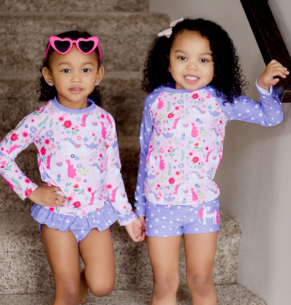 Purple & Pink Lucky Unicorn Long-Sleeve Rashguard Set