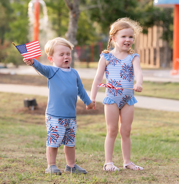 Light Blue Fireworks USA Long-Sleeve Rashguard Set