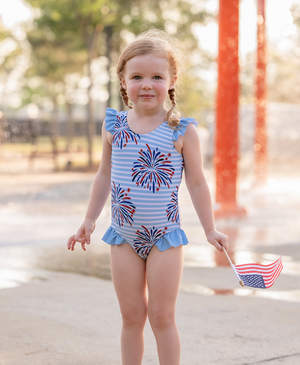 Light Blue Stripe Fireworks Ruffle-Accent One-Piece Swimsuit