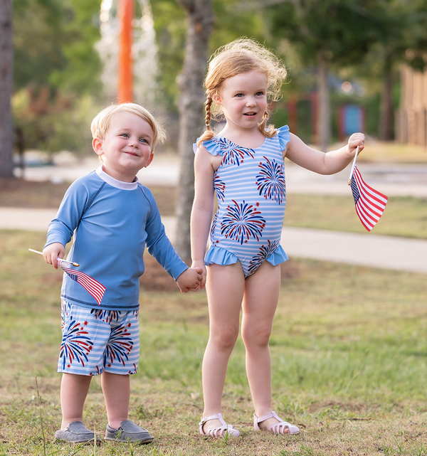 Light Blue Stripe Fireworks Ruffle-Accent One-Piece Swimsuit