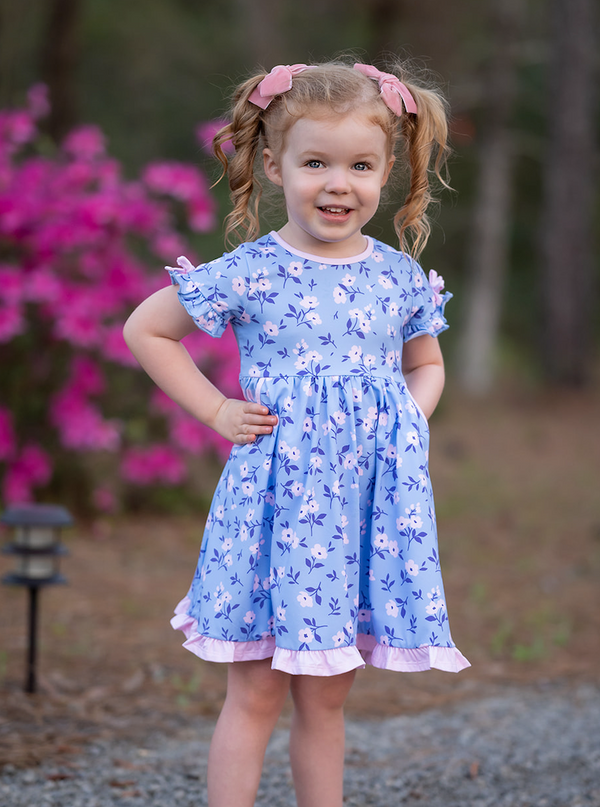 Periwinkle Mini Flower Bow-Sleeve A-Line Dress