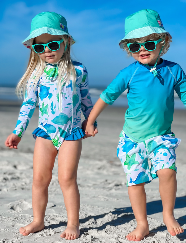 White Water Color Sea Ruffle-Accent Zip Front 1-pc