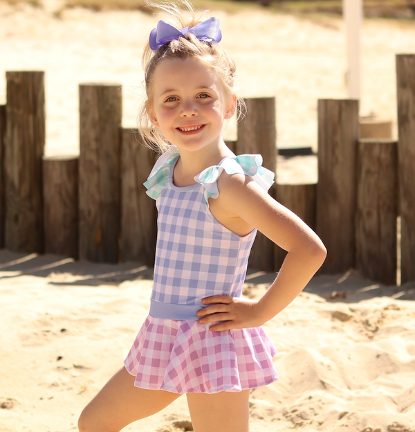 Periwinkle & White Gingham Ruffle Skirted One-Piece