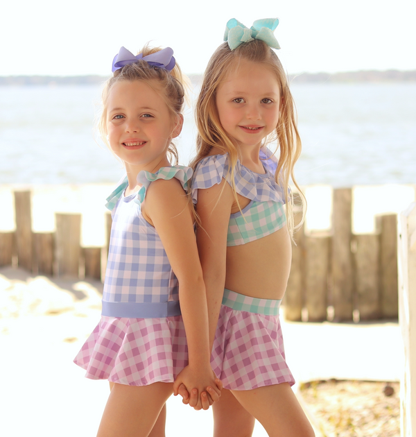 Periwinkle Gingham Ruffle-Accent Tankini