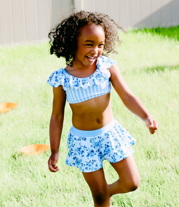 Periwinkle Small Flower Ruffle-Accent Tankini
