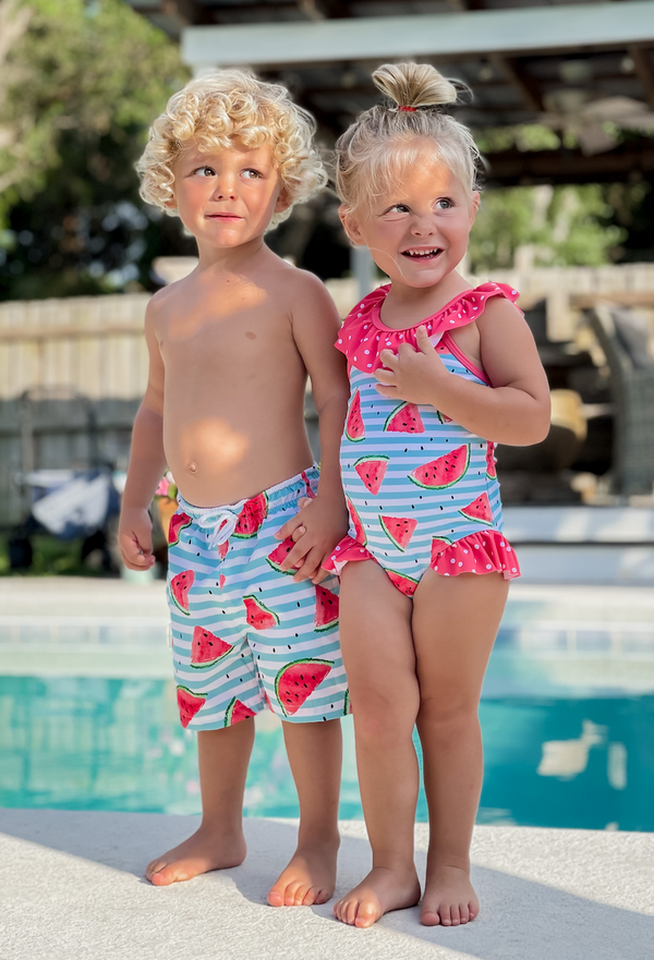 Mint & Pink Watermelon Stripe Bow-Accent Ruffle-Yoke One-Piece